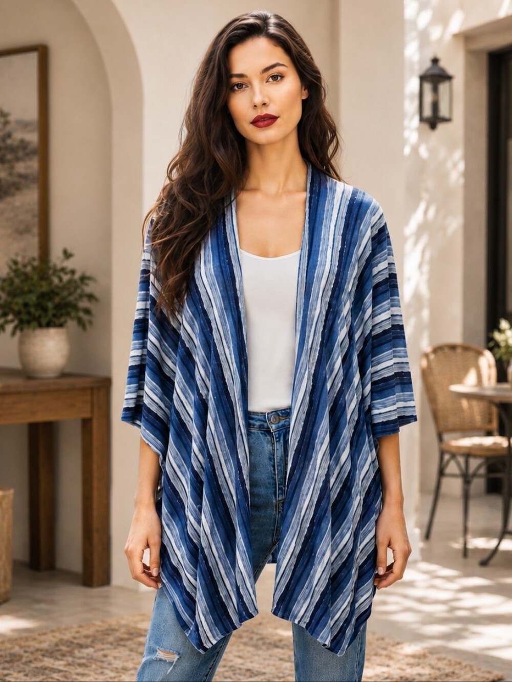 My Danielle  Boho - Chic Blue and White  Striped and Frayed Kimono